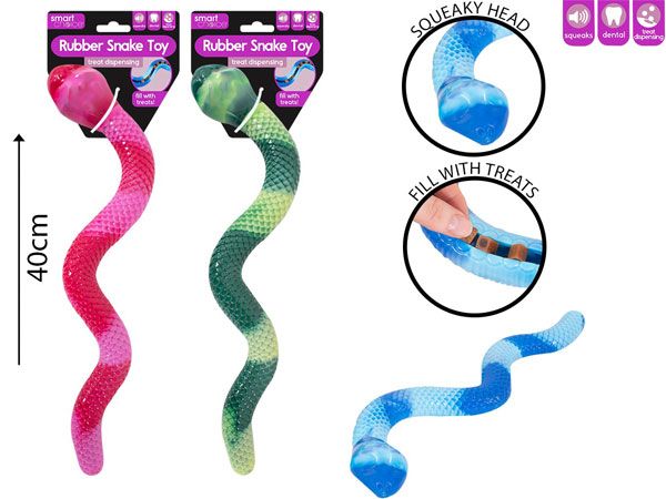 Smart Choice Squeaky Rubber Snake Treat Dispensing Dog Toy, Assorted At Random